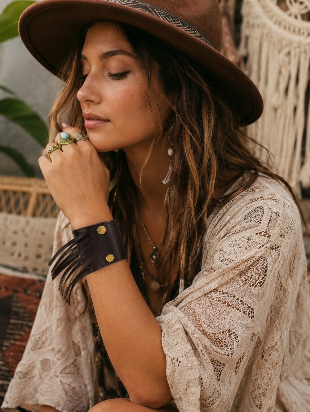 Heather Gardner 2in Cali Fringe Cuff-Chocolate